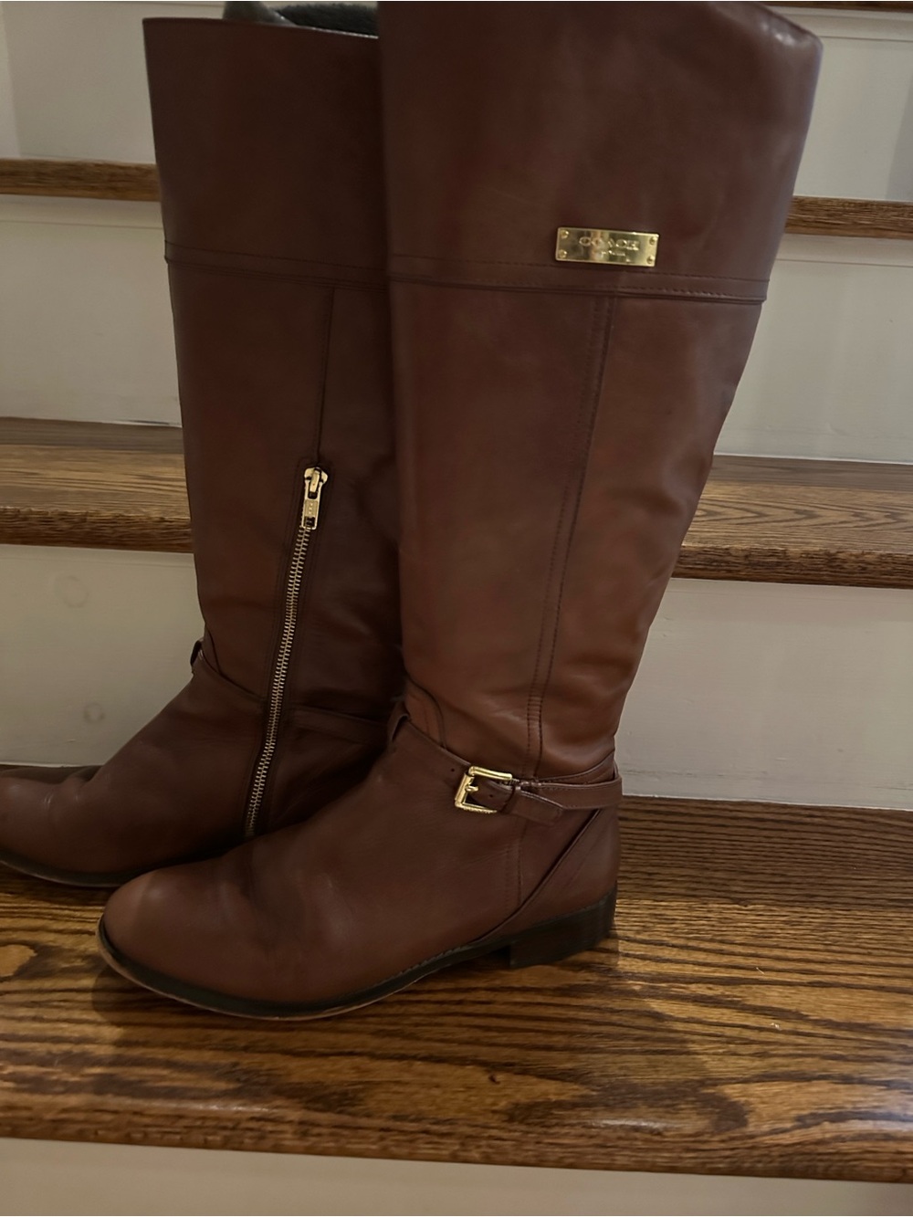 Coach Tall Brown Leather Riding  Boots with Gold Plate